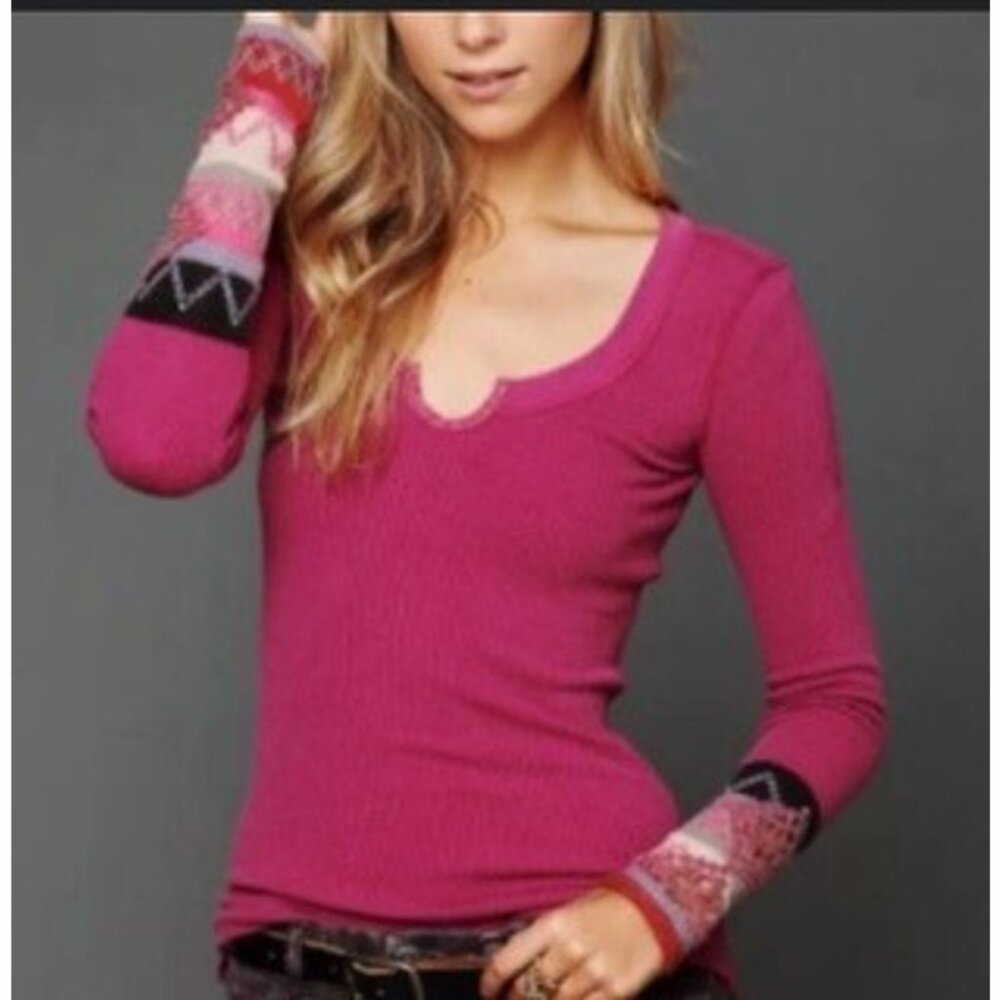 Free People Kombucha Cuff Pink Embroidered Waffle Thermal